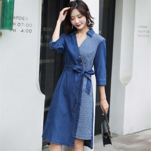 Casual Loose Fit Collared Midi Denim Dress With Belt - Blue